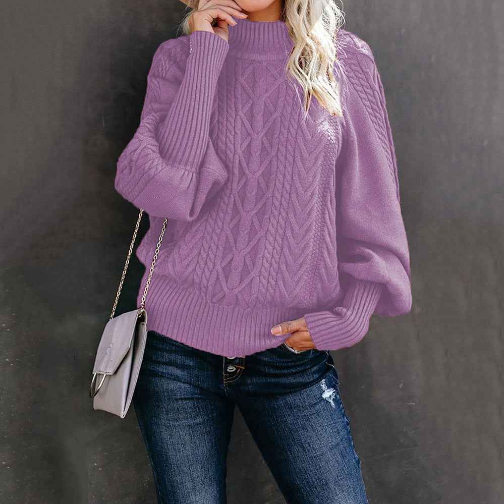 Women's Cable Knit High Neck Balloon Sleeve Sweater