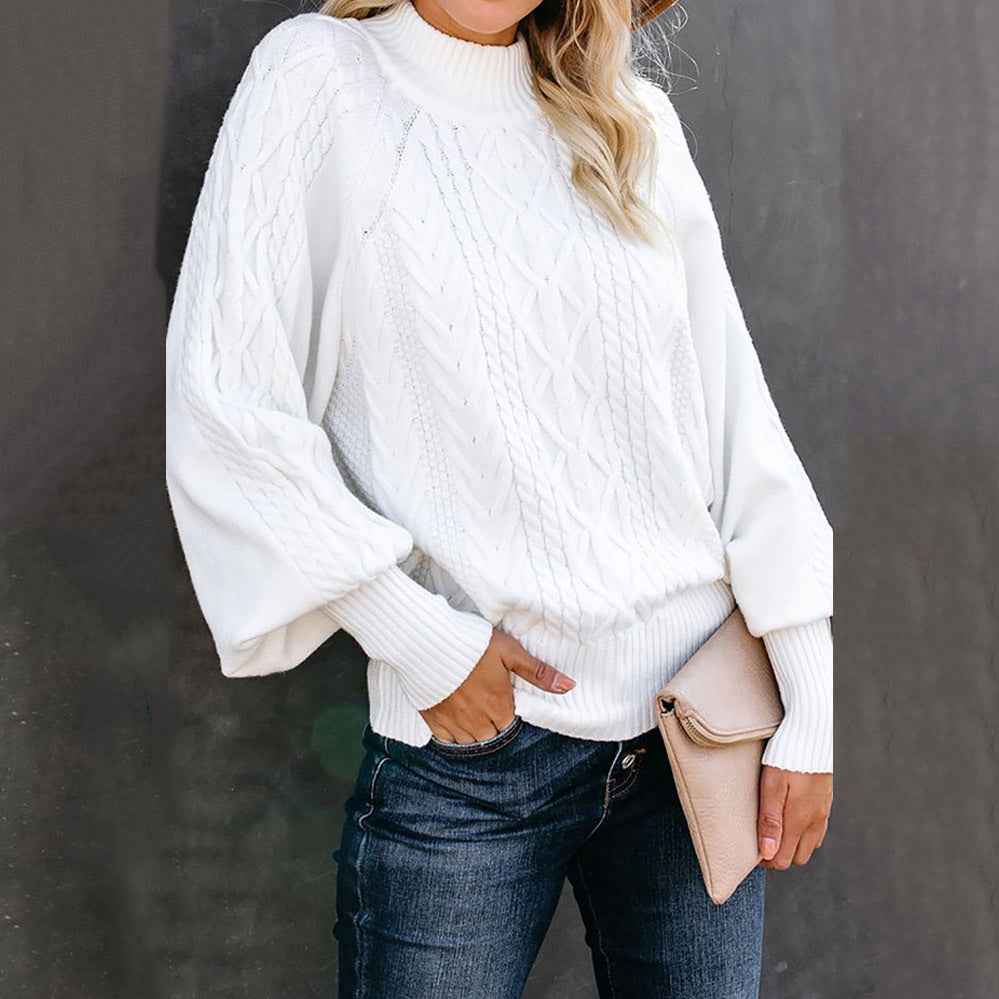 Women's Cable Knit High Neck Balloon Sleeve Sweater