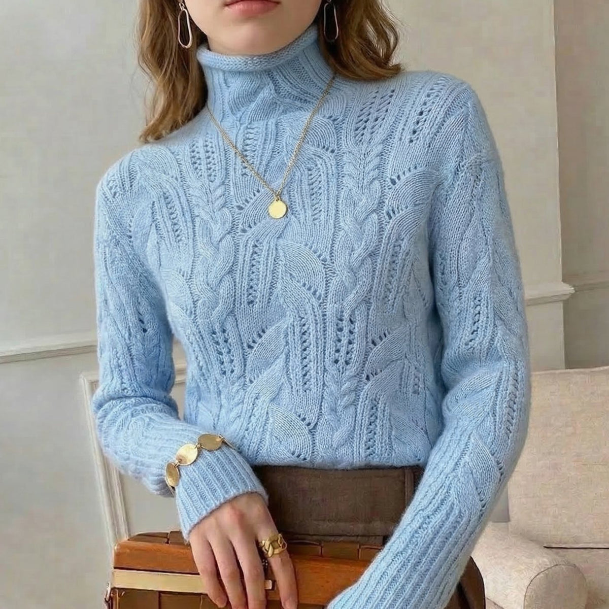 Women's Cable-Knit Turtleneck Wool Knitwear Jumper