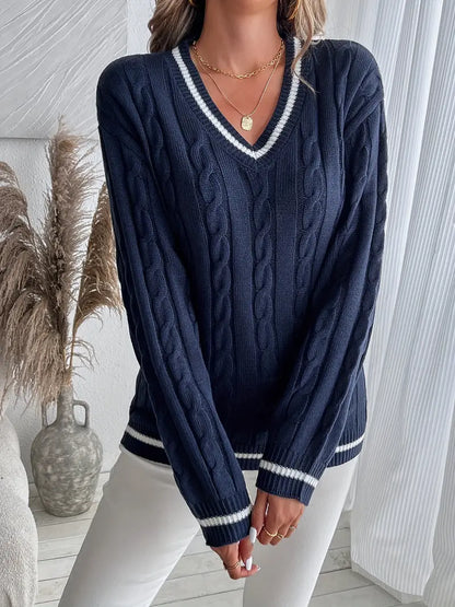 Women's Cable Knit V Neck Sweater