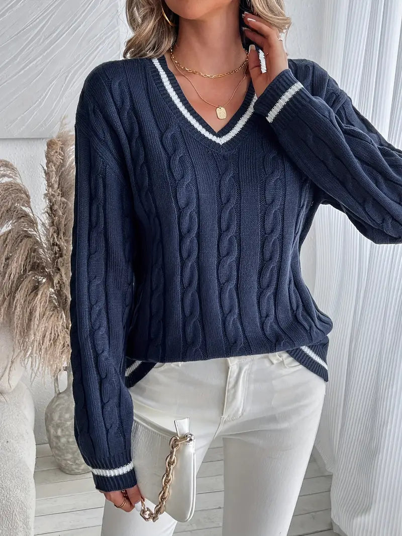Women's Cable Knit V Neck Sweater