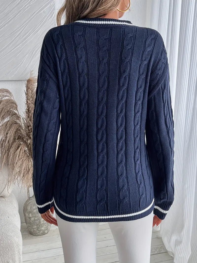 Women's Cable Knit V Neck Sweater