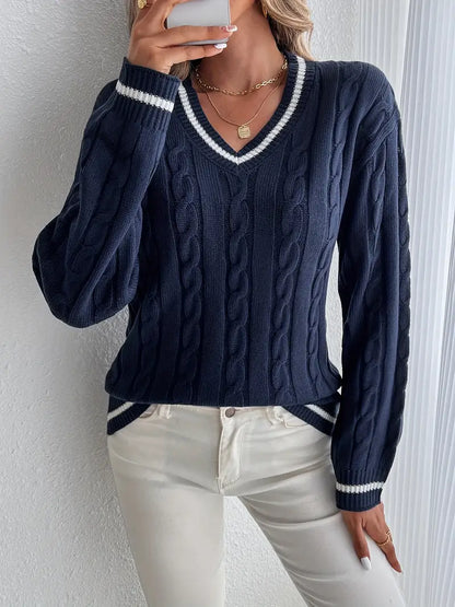 Women's Cable Knit V Neck Sweater