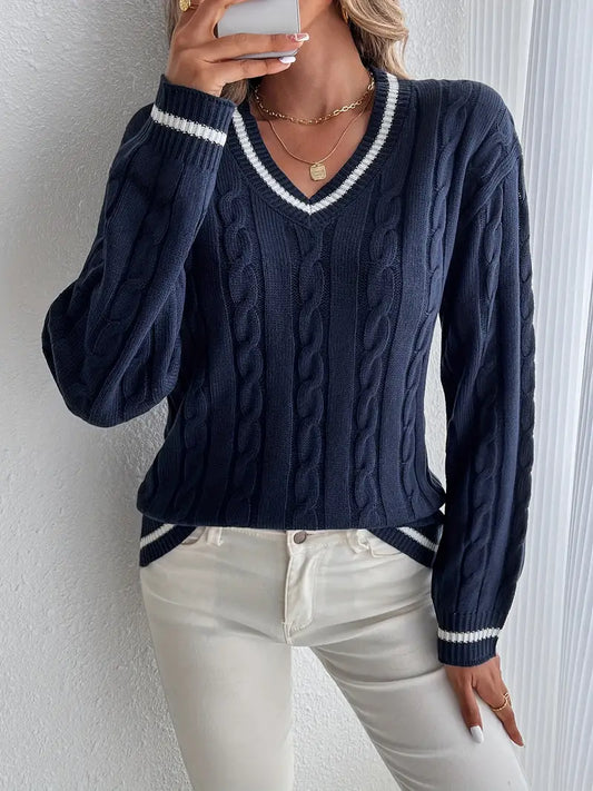 Women's Cable Knit V Neck Sweater