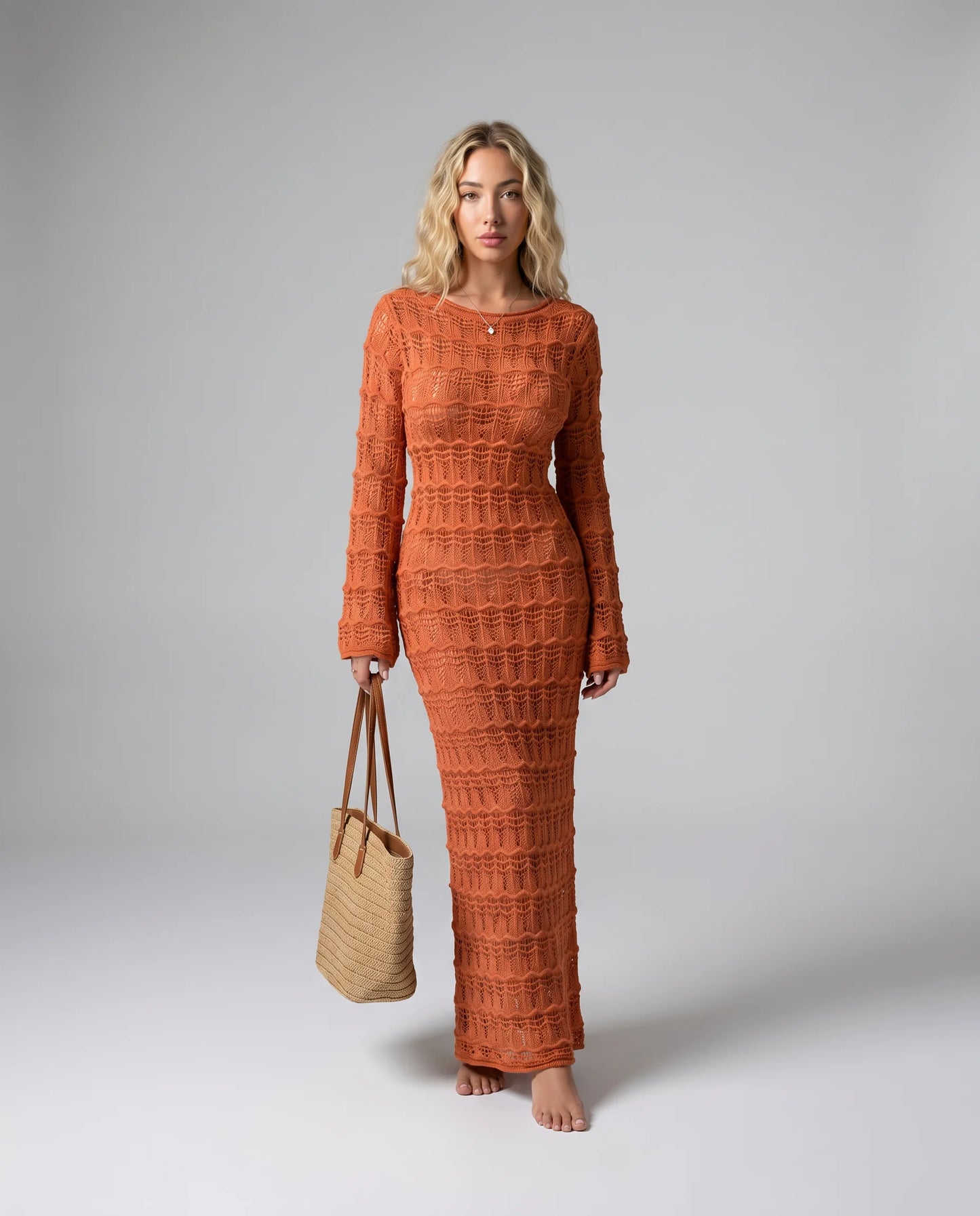 Women's camel crochet maxi cover up dress with button front, long sleeves and lightweight semi sheer knit by ILYNORA