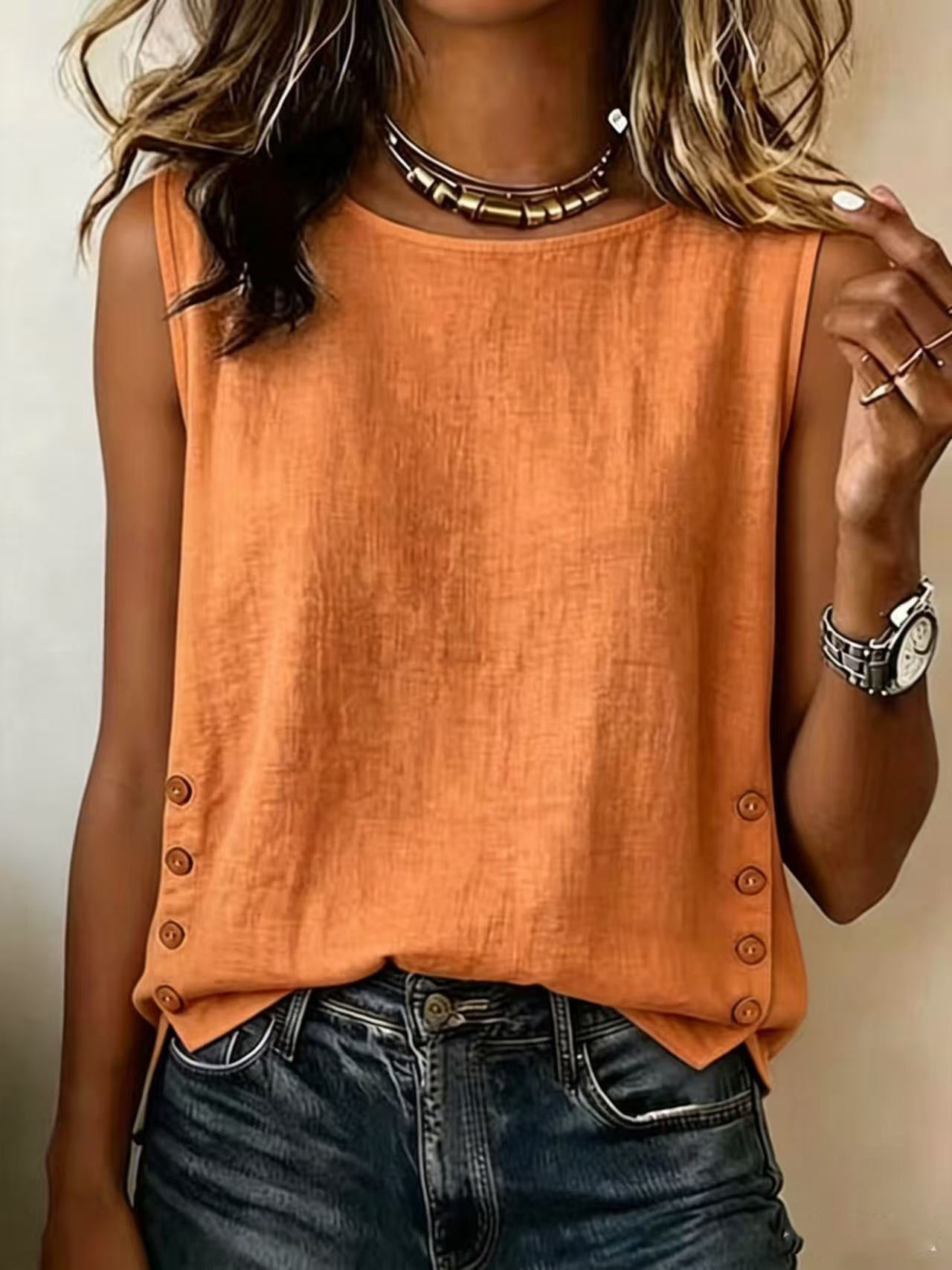 Women's Casual Linen Tank Top With Button Detail