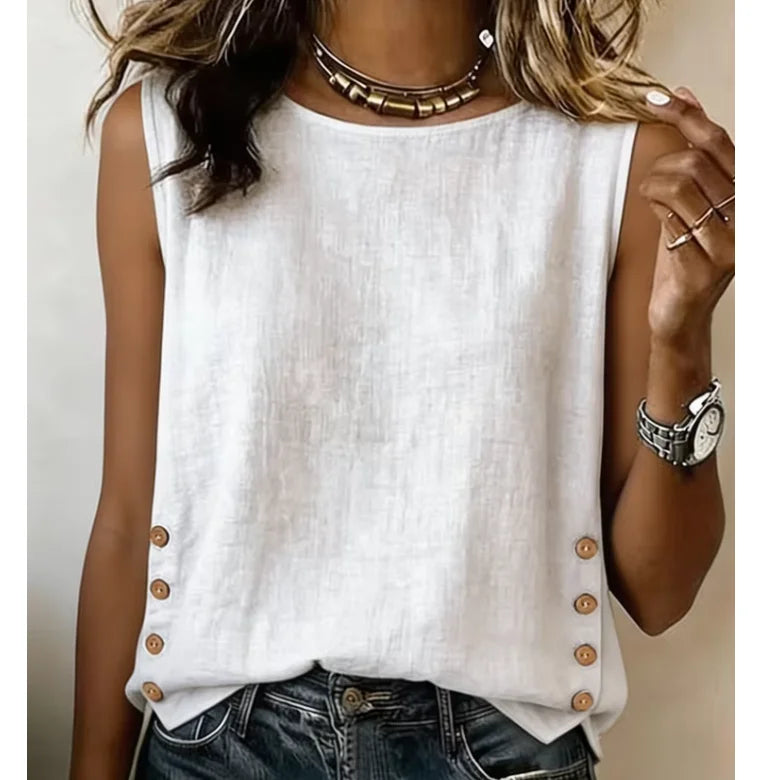 Women's Casual Linen Tank Top With Button Detail