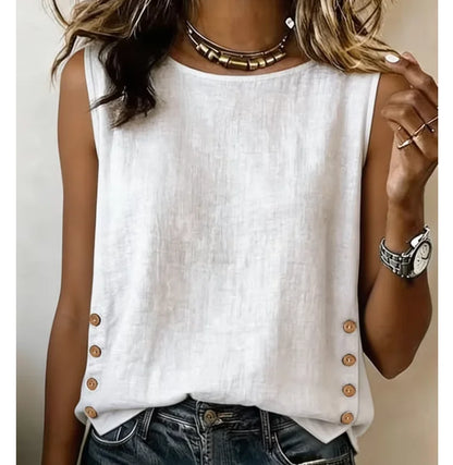 Women's Casual Linen Tank Top With Button Detail