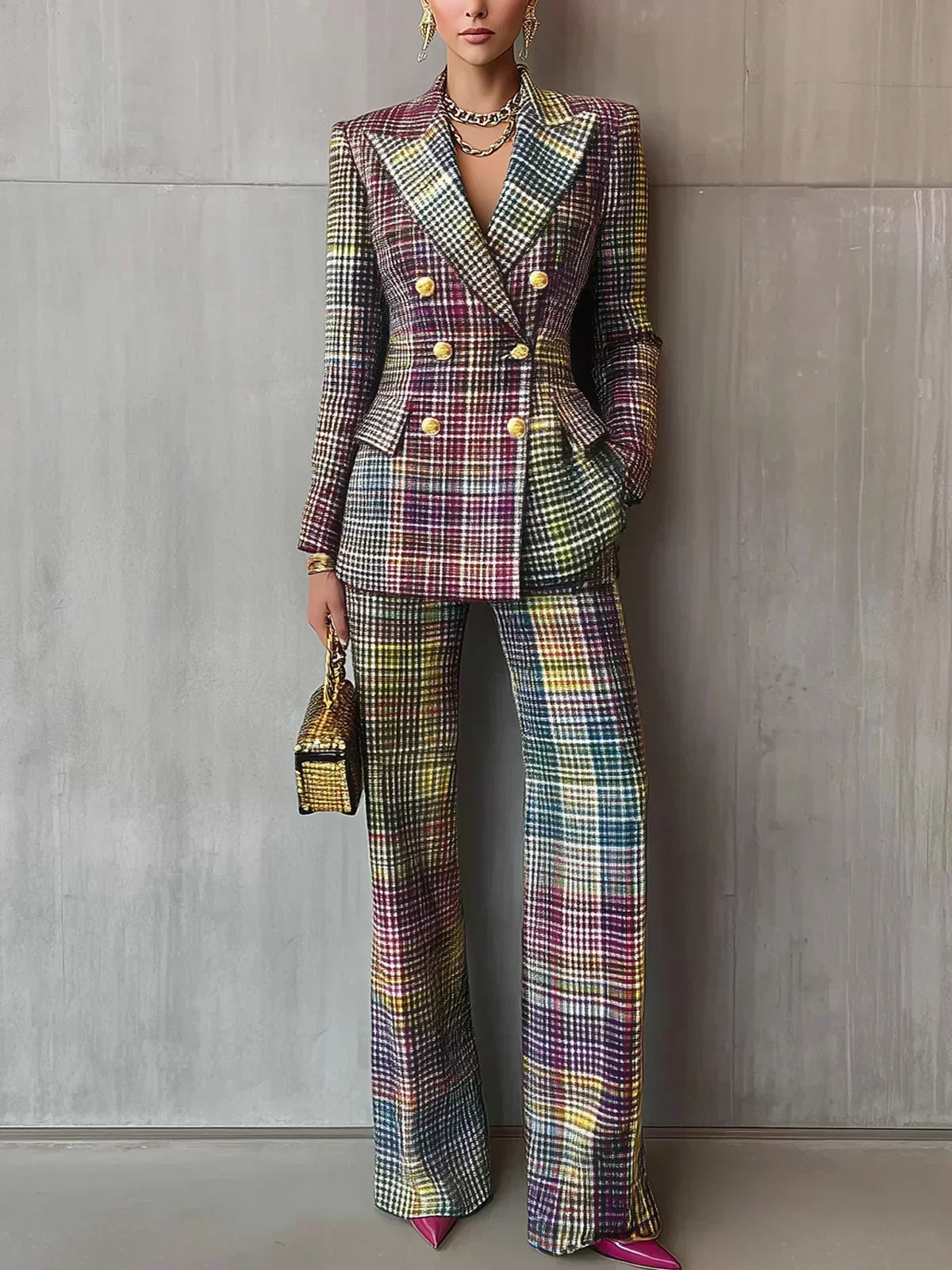 Women's Check Blazer & Wide Leg Trouser Co Ord Set