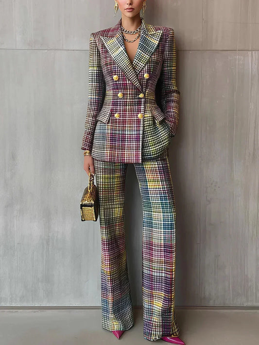 Women's Check Blazer & Wide Leg Trouser Co Ord Set