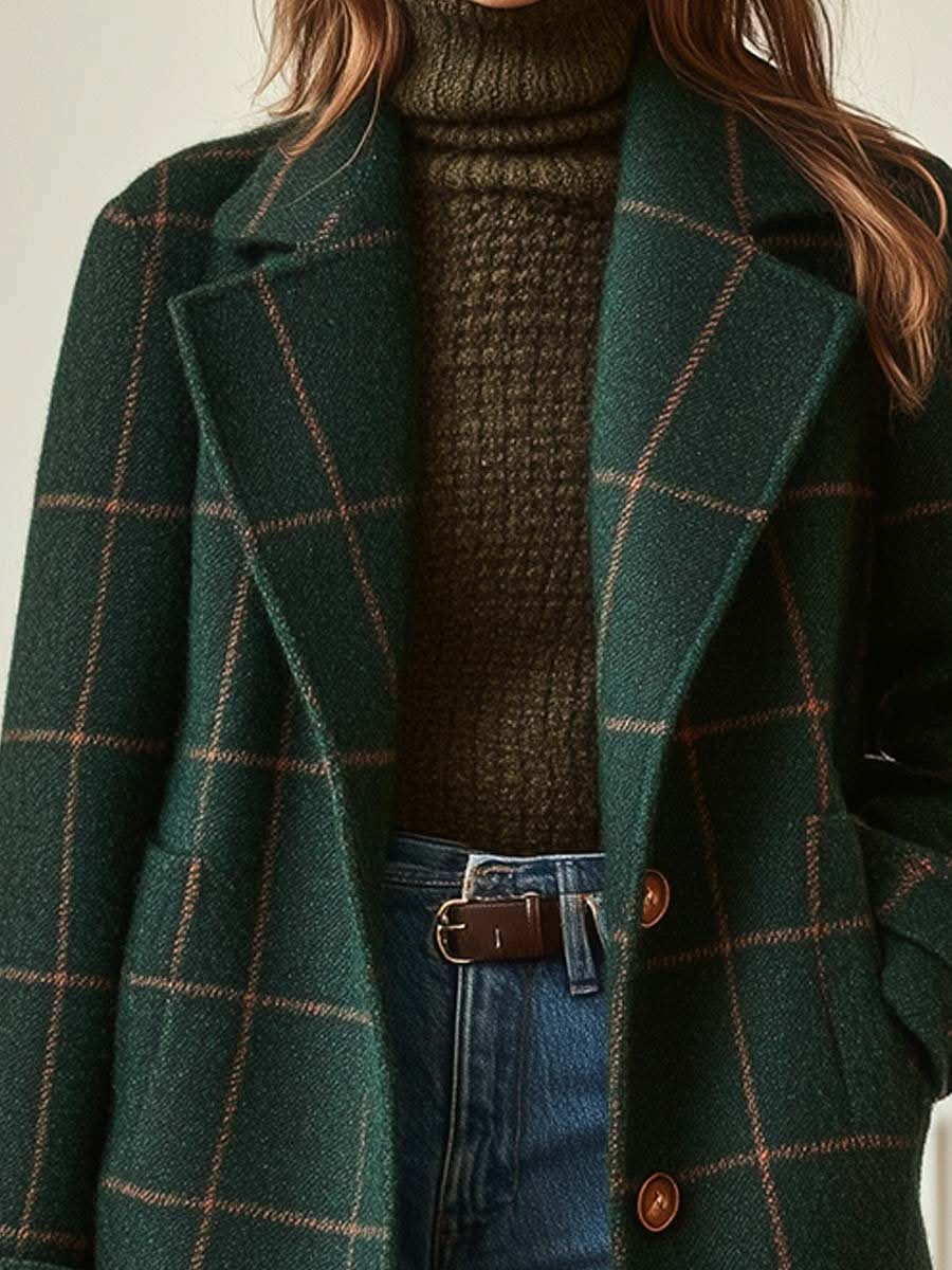 Women's Checkered Notch Lapel Coat
