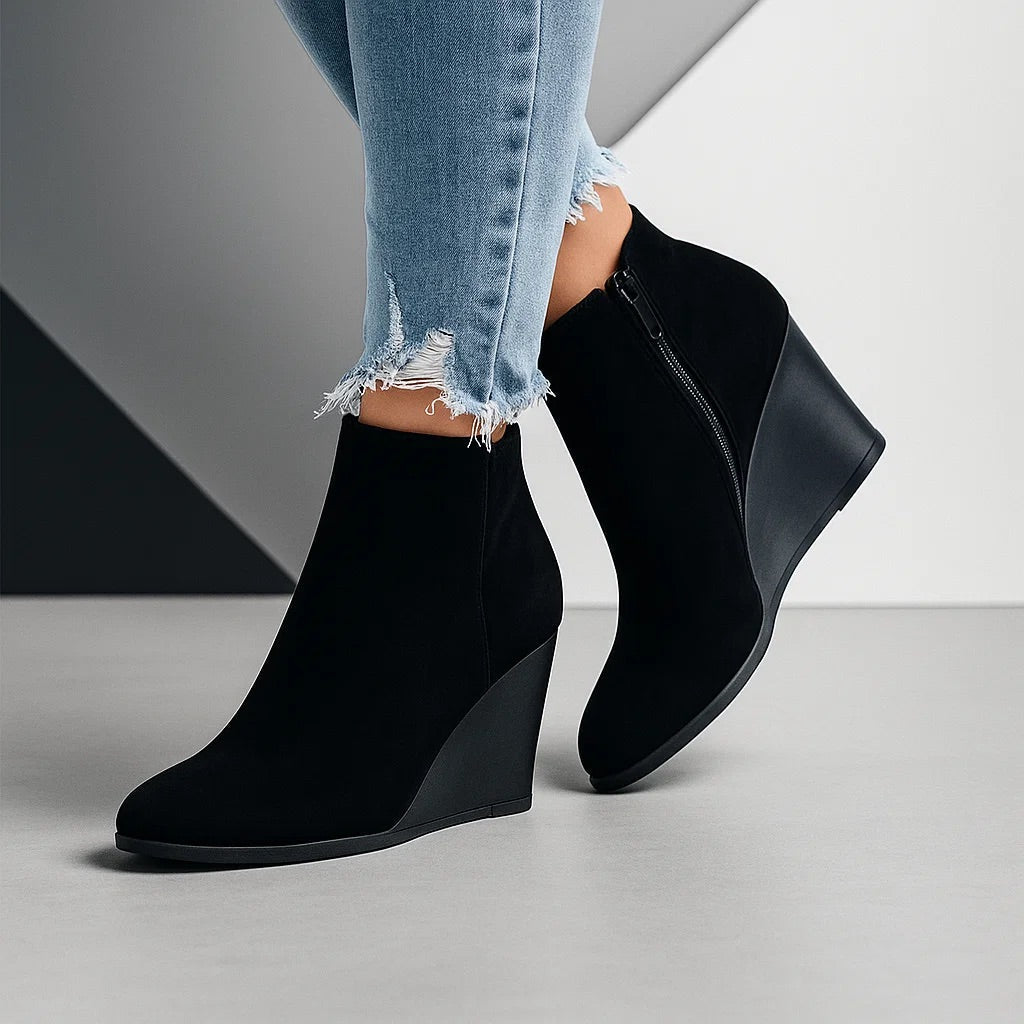 Women's Chic Suede Wedge Ankle Boots with Side Cut-Out