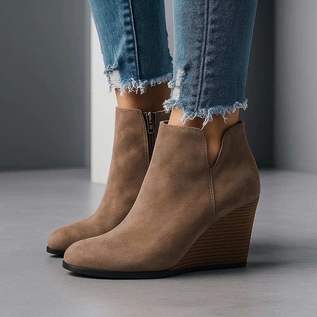 Women's Chic Suede Wedge Ankle Boots with Side Cut-Out