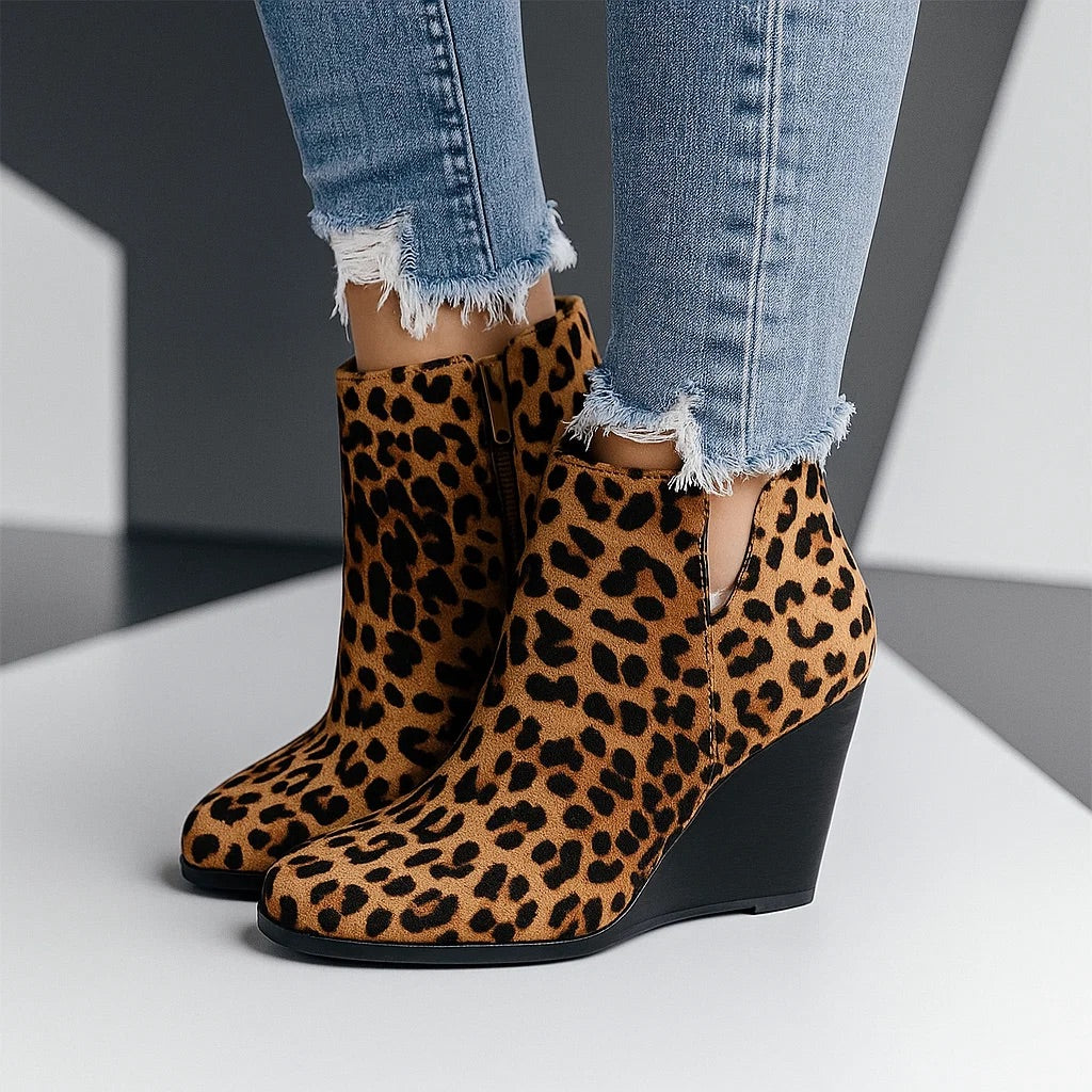 Women's Chic Suede Wedge Ankle Boots with Side Cut-Out