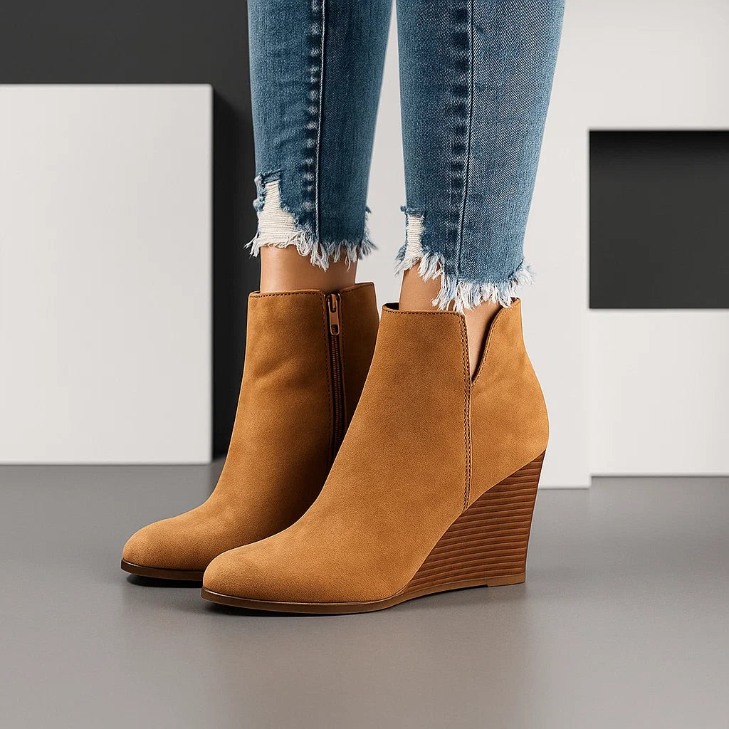 Women's Chic Suede Wedge Ankle Boots with Side Cut-Out