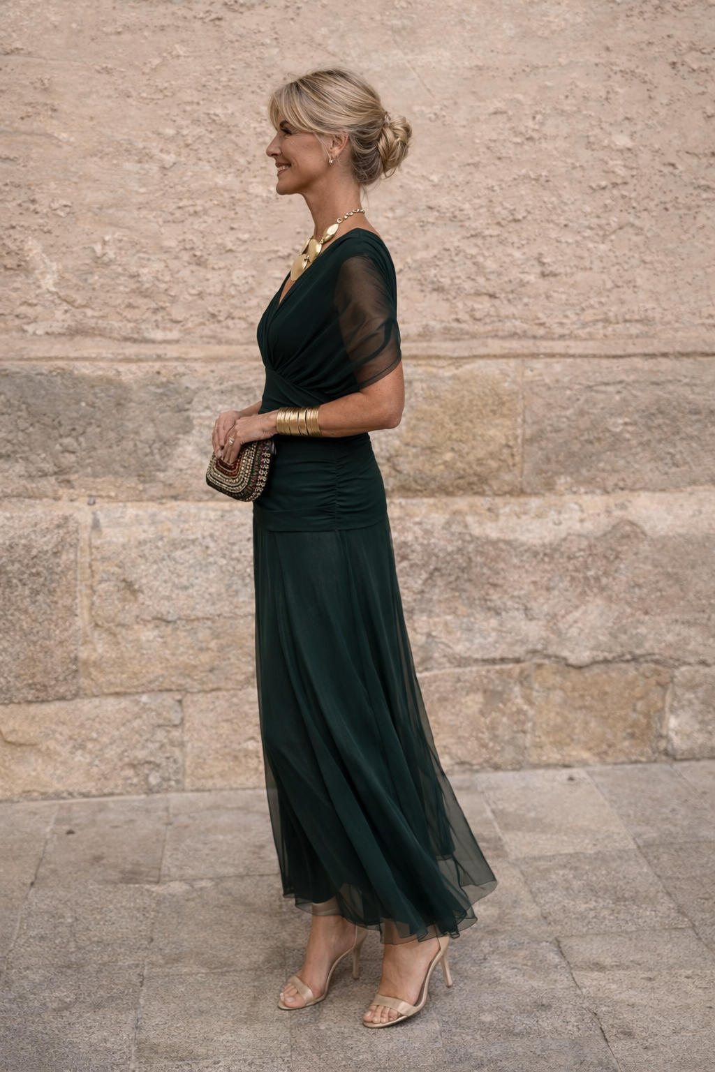 Women's Chiffon V-Neck Ruched Waist Maxi Dress