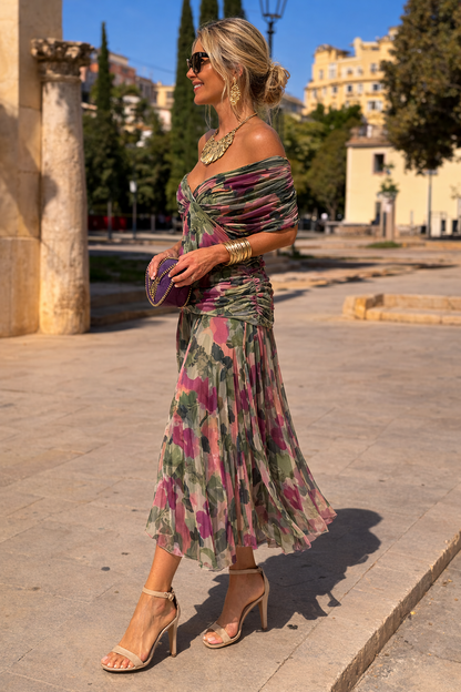 Women's Chiffon V-Neck Ruched Waist Maxi Dress