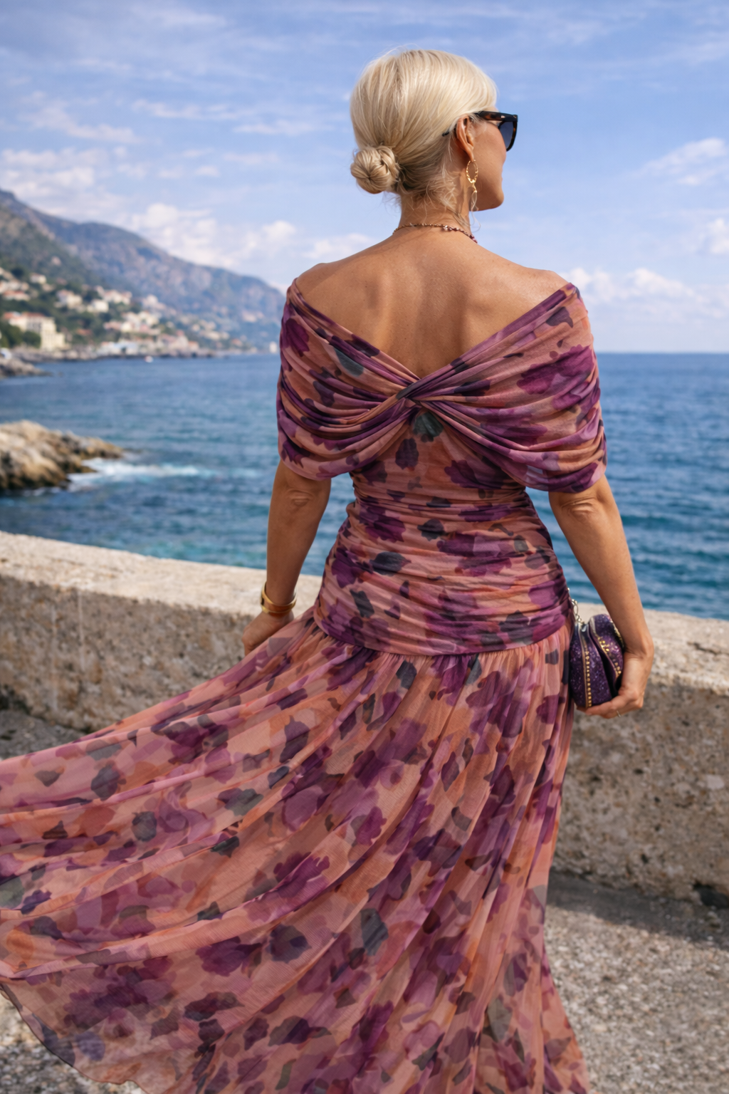 Women's Chiffon V-Neck Ruched Waist Maxi Dress