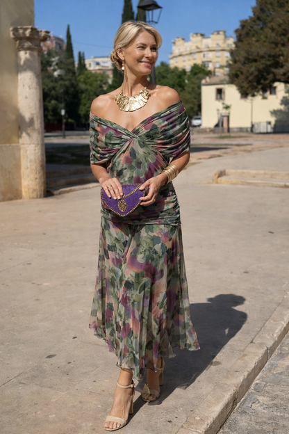 Women's Chiffon V-Neck Ruched Waist Maxi Dress