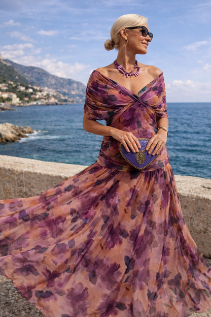 Women's Chiffon V-Neck Ruched Waist Maxi Dress