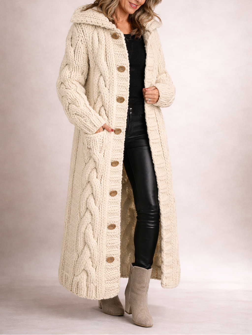 Women's Chunky Cable-Knit Hooded Long Cardigan