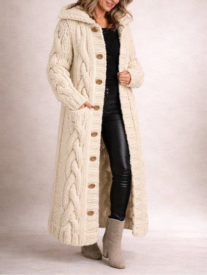 Women's Chunky Cable-Knit Hooded Long Cardigan