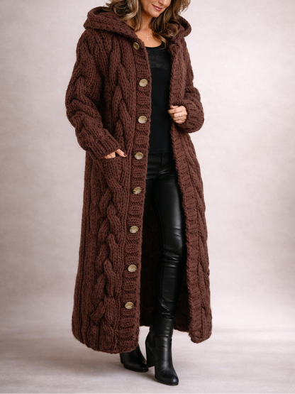 Women's Chunky Cable-Knit Hooded Long Cardigan