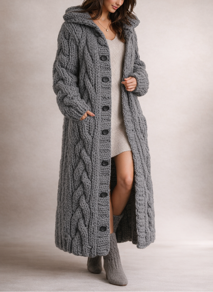 Women's Chunky Cable-Knit Hooded Long Cardigan