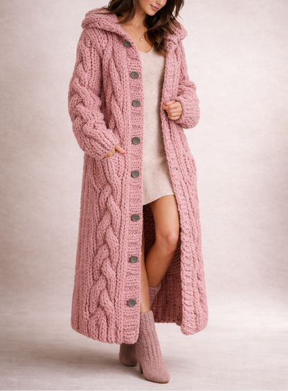 Women's Chunky Cable-Knit Hooded Long Cardigan