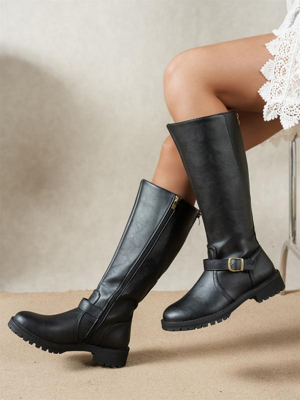 Women's Classic Leather Knee High Boots with Buckle Strap and Lug Sole
