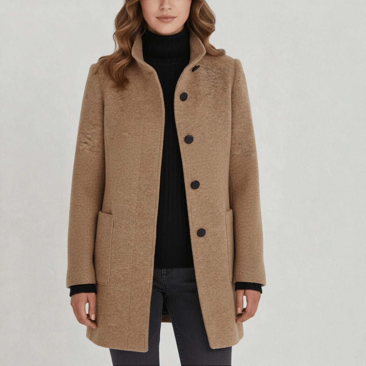 Women's Coat with Stand-Up Collar and Pockets