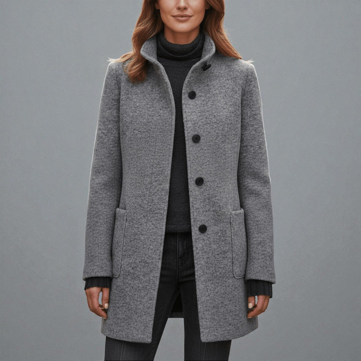 Women's Coat with Stand-Up Collar and Pockets