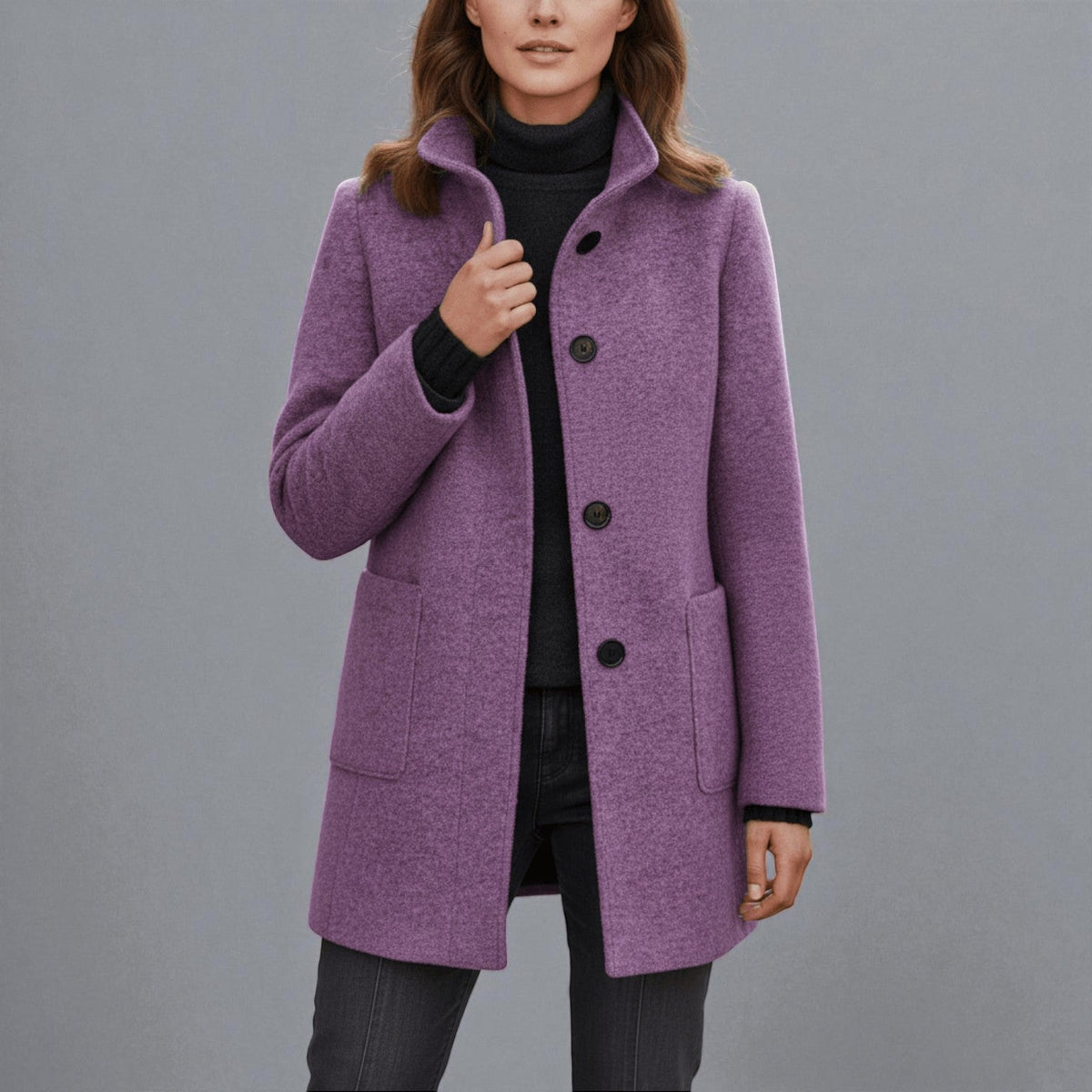 Women's Coat with Stand-Up Collar and Pockets