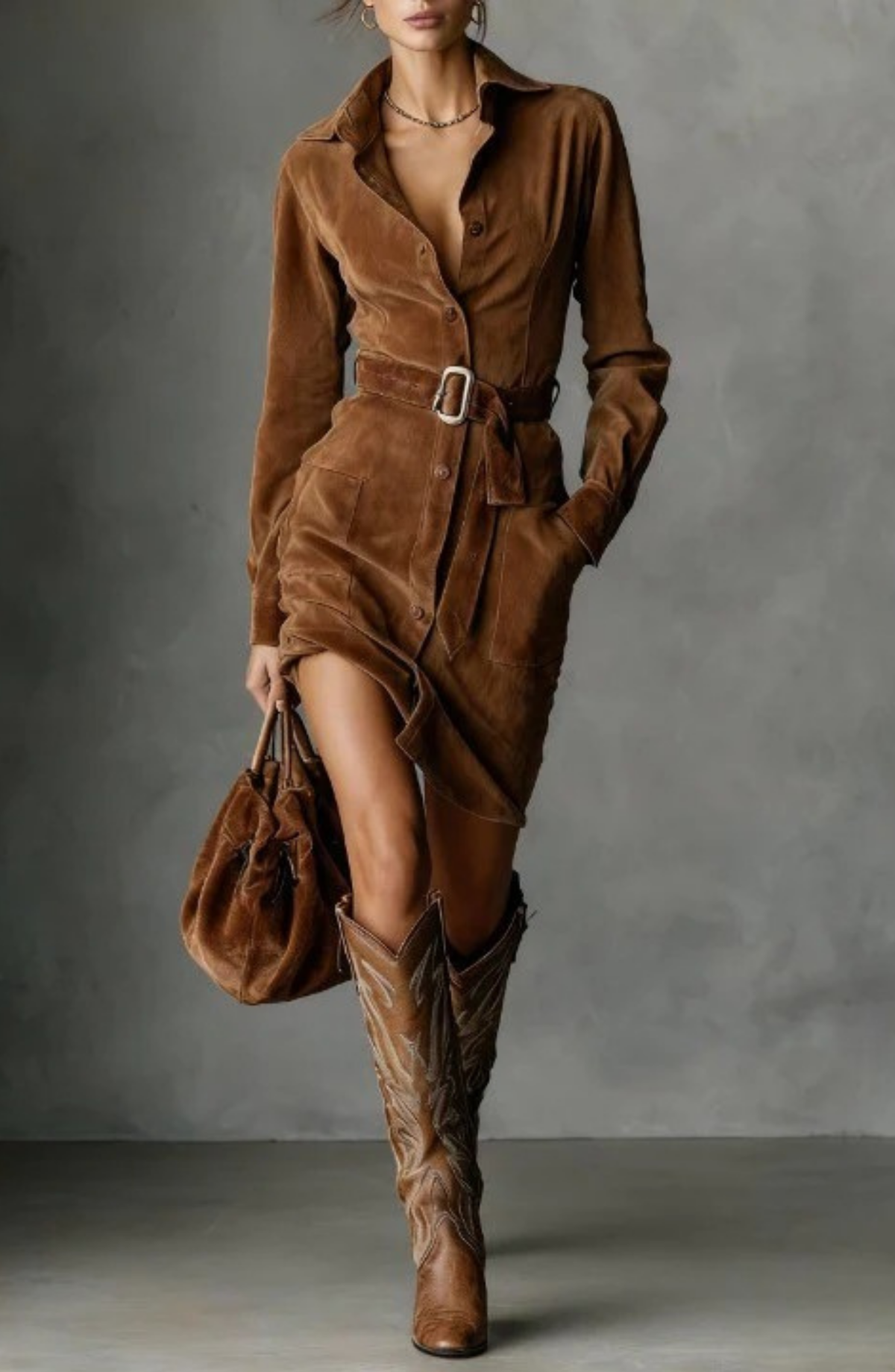 Women's Collared Belted Button Front Midi Shirt Dress