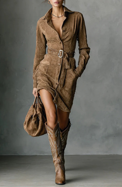 Women's Collared Belted Button Front Midi Shirt Dress
