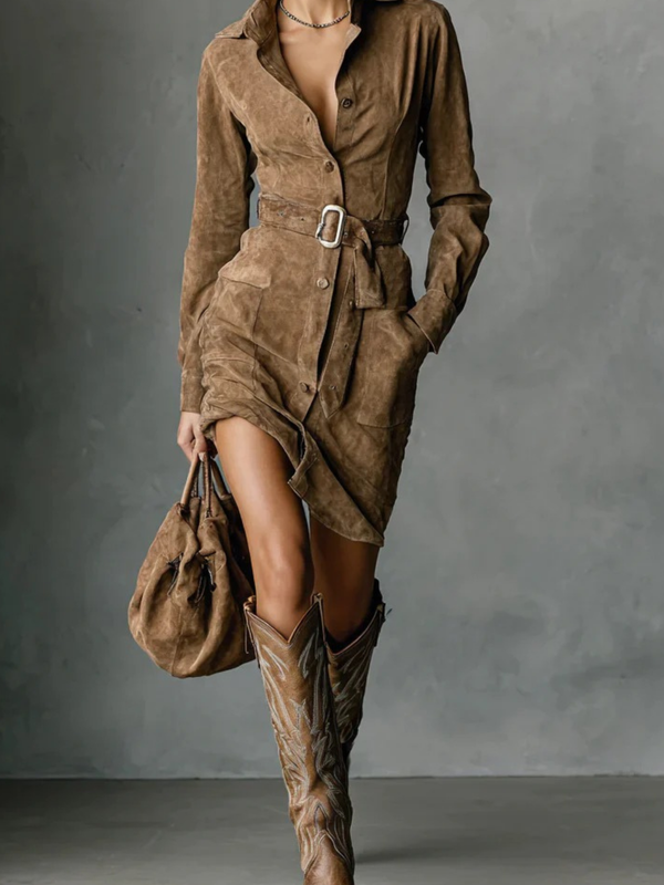 Women's Collared Belted Button Front Midi Shirt Dress