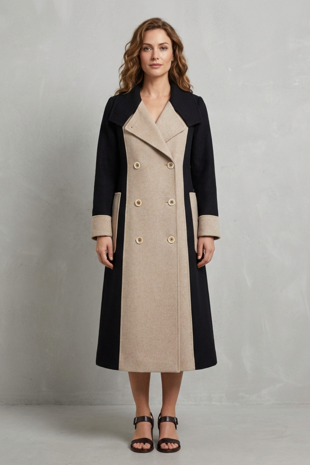 Women's Contrast Panel Double Breasted Wool Coat