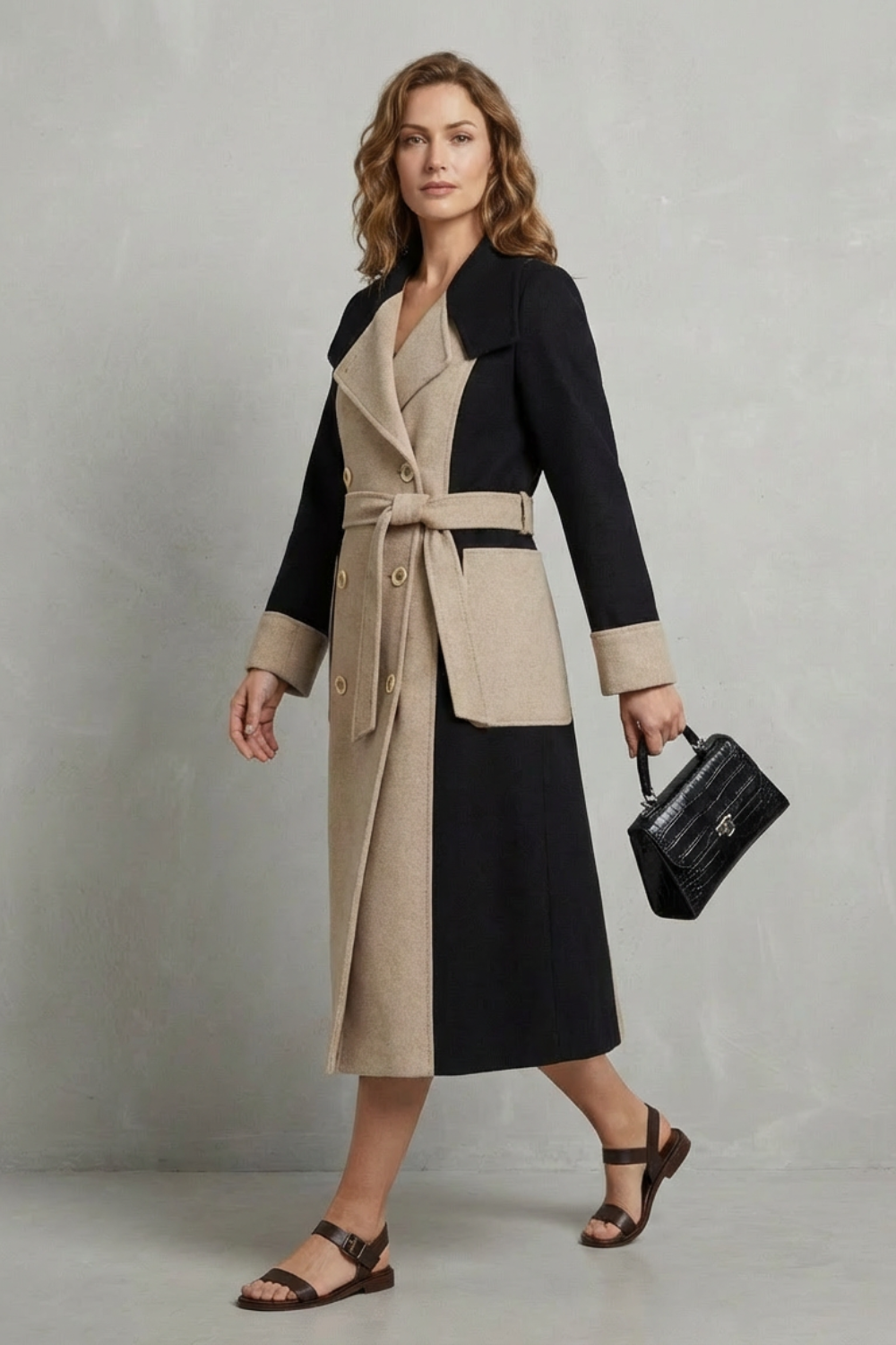 Women's Contrast Panel Double Breasted Wool Coat