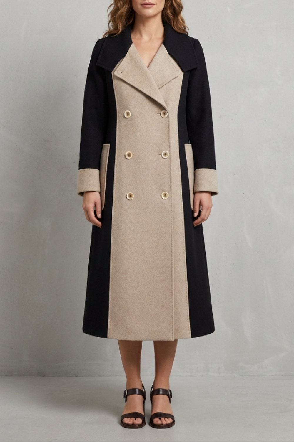 Women's Contrast Panel Double Breasted Wool Coat