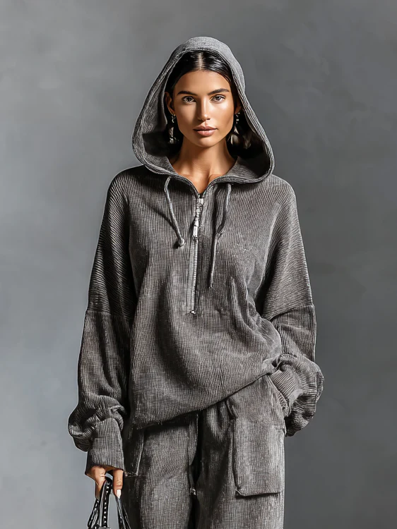Women's Corduroy Hooded Two Piece Set