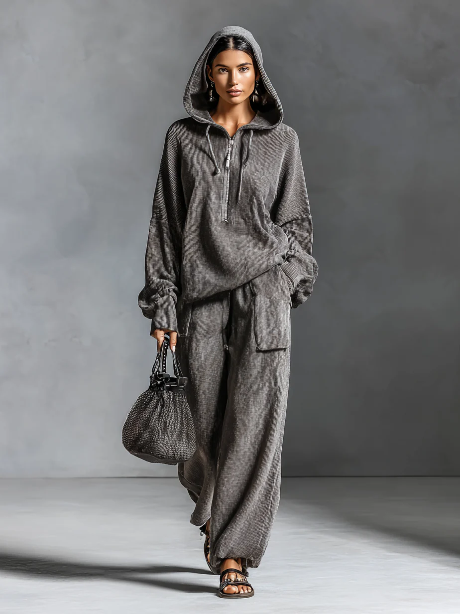 Women's Corduroy Hooded Two Piece Set