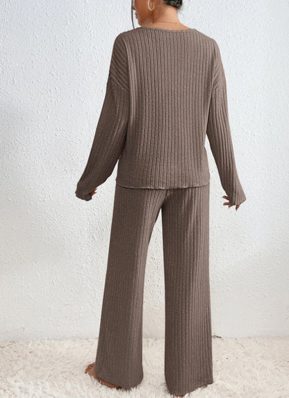 Women's Cosy Ribbed Knit Two Piece Set with Wide Leg Trousers