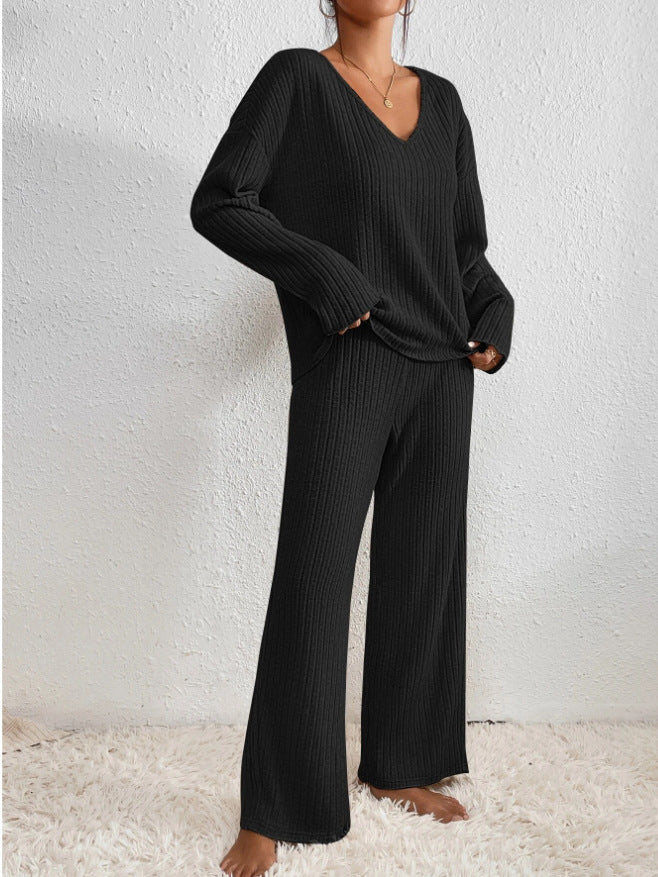 Women's Cosy Ribbed Knit Two Piece Set with Wide Leg Trousers