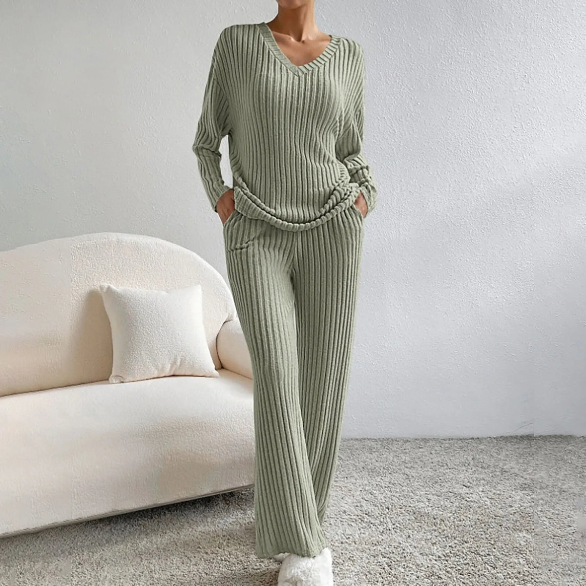 Women's Cosy Ribbed Knit Two Piece Set with Wide Leg Trousers