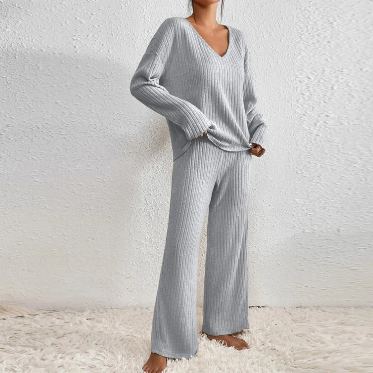 Women's Cosy Ribbed Knit Two Piece Set with Wide Leg Trousers