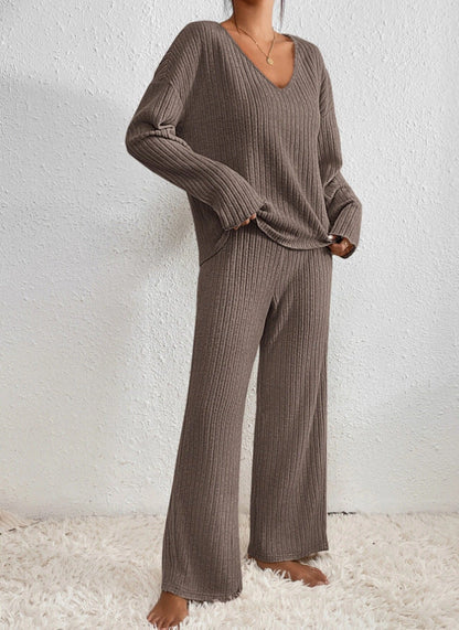 Women's Cosy Ribbed Knit Two Piece Set with Wide Leg Trousers