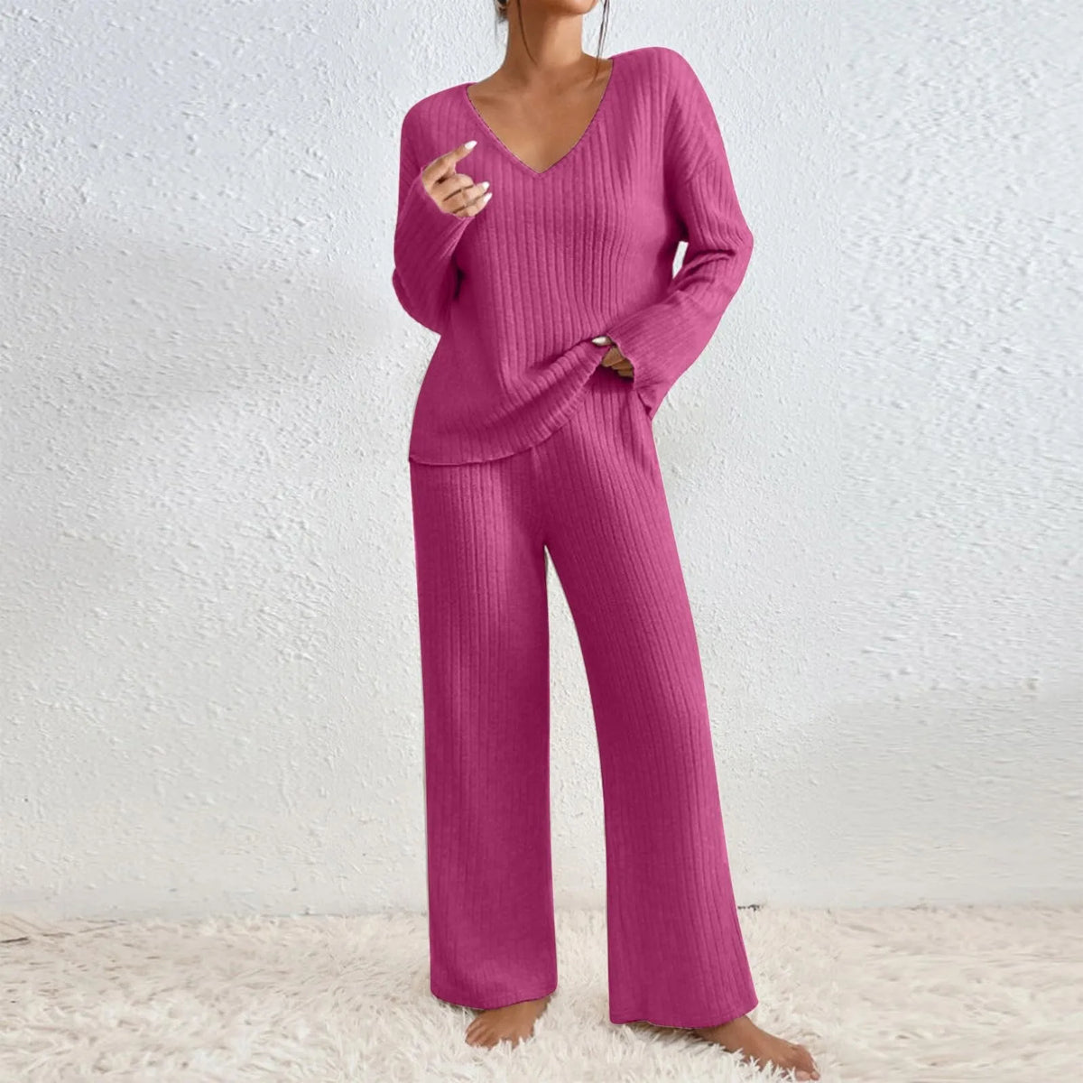 Women's Cosy Ribbed Knit Two Piece Set with Wide Leg Trousers