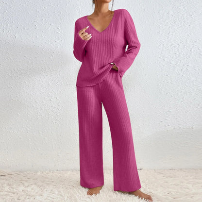 Women's Cosy Ribbed Knit Two Piece Set with Wide Leg Trousers