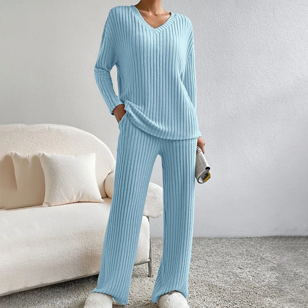 Women's Cosy Ribbed Knit Two Piece Set with Wide Leg Trousers