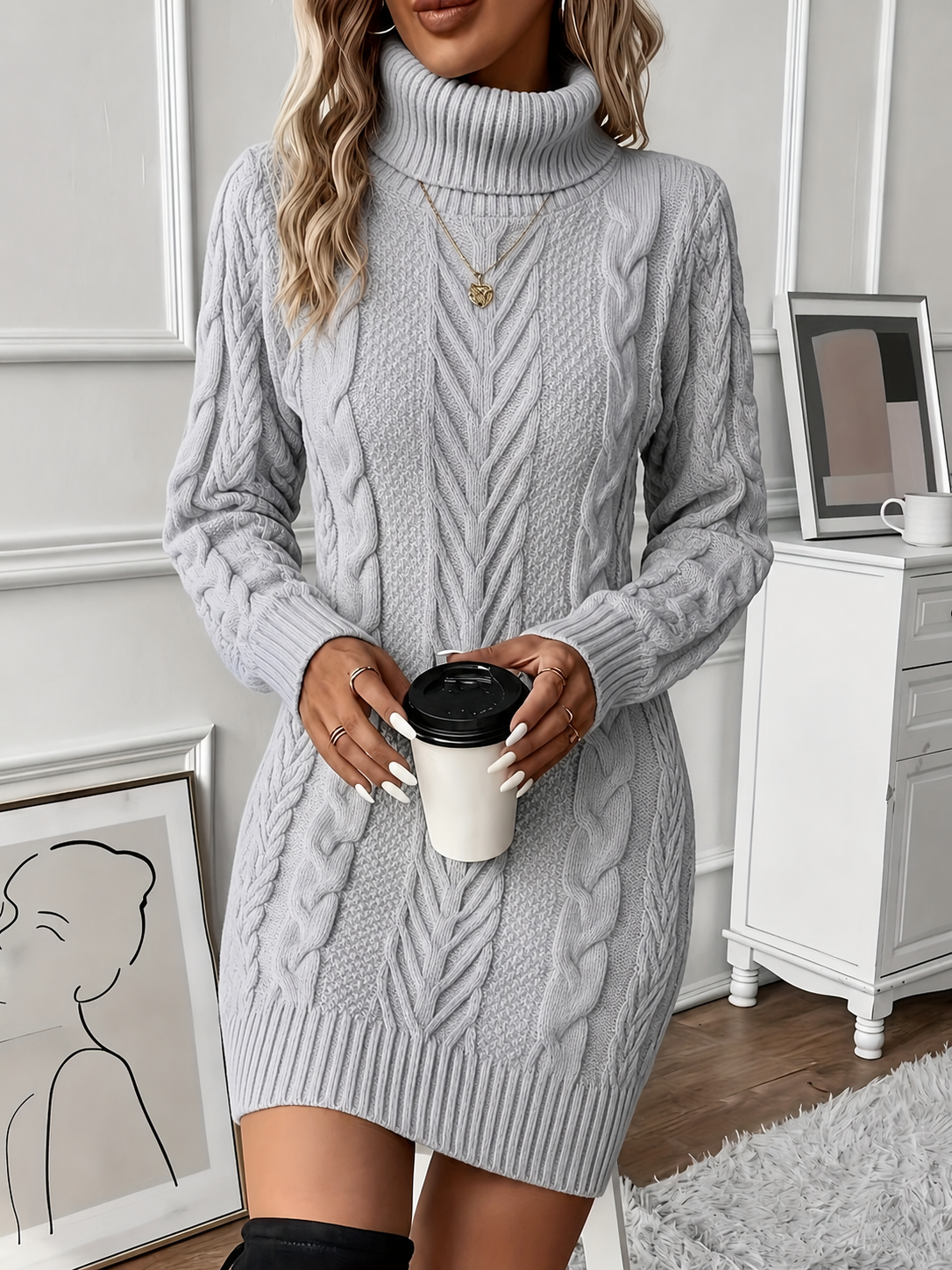 Women's Cosy Turtleneck Cable Knit Mini Jumper Dress